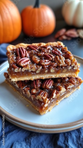 Pecan treats with caramelized topping on a decorative plate surrounded by pum...