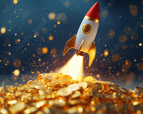 A small rocket taking off from a pile of gold coins, glitters, stock and crypto market bull run concept