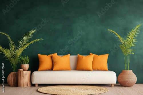 Modern sofa arrangement with warm cushions and greenery in a stylish living r...