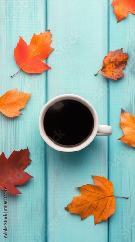 Warm coffee cup surrounded by colorful autumn leaves on vibrant blue wooden t...