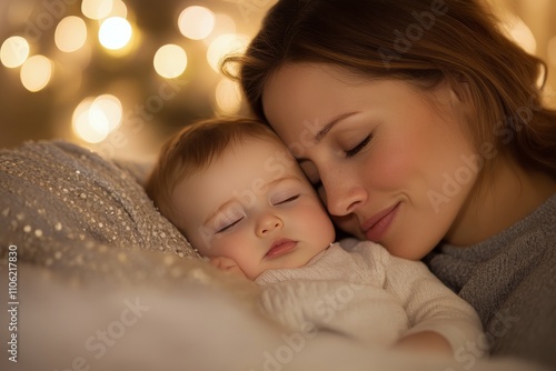 Mom and baby share a serene moment by the holiday lights in a cozy setting