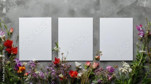 Blank cards surrounded by vibrant flowers on a gray surface for creative proj...