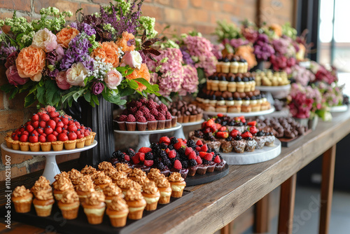 Lavish Dessert Buffet with Flowers and Assorted Sweets