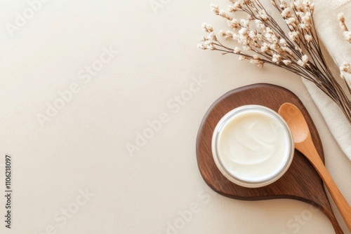 Elegant skincare products arranged on natural wooden surface with neutral bac...