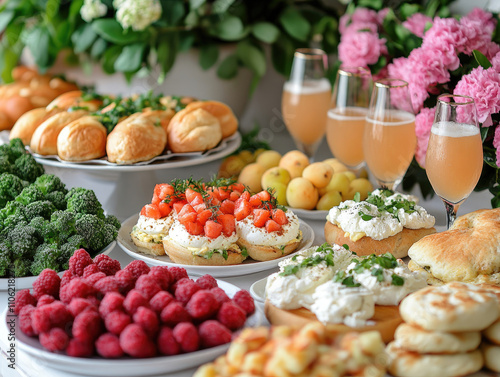 Delicious Brunch Buffet with Assorted Pastries, Fruits, and Drinks
