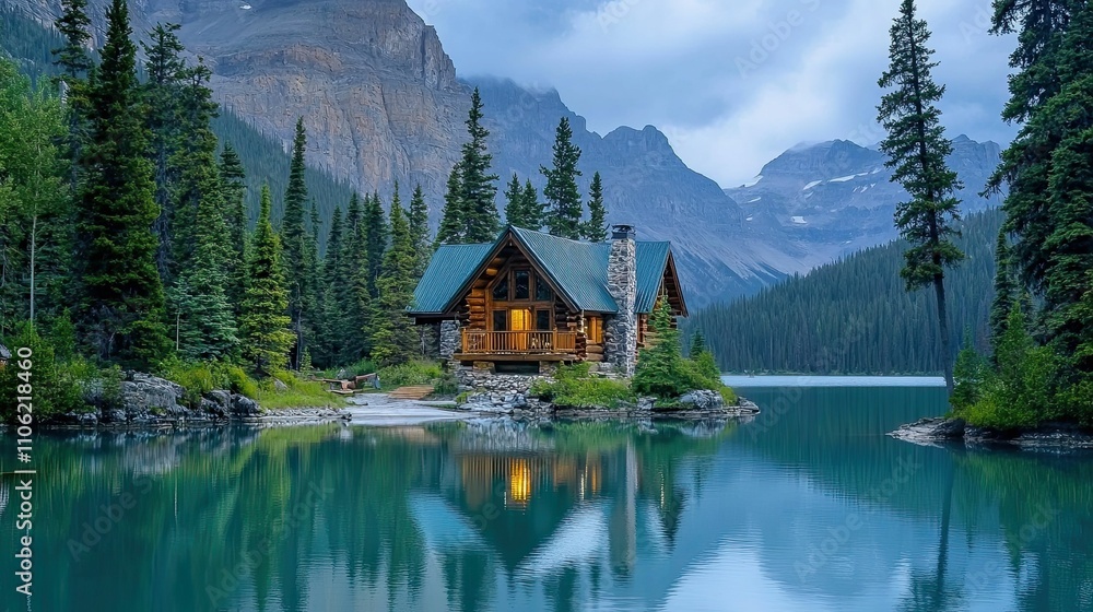 Obraz premium Secluded cabin, tranquil lake, majestic mountains.