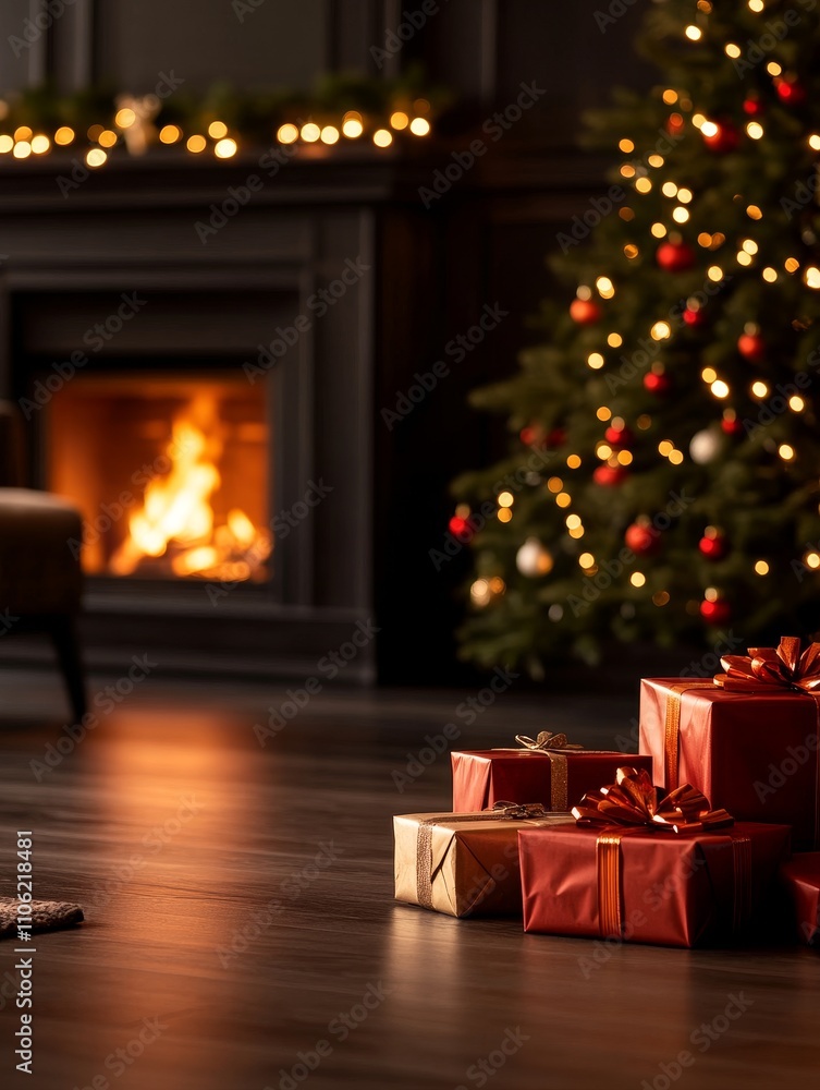 Cozy Christmas Family Room with Fireplace and Presents - Festive Christmas scene: crackling fireplace, decorated tree, and gifts, symbolizing warmth, family, joy, celebration, and giving. Cozy Christmas Family Room with Fireplace and Presents - Festive Christmas scene: crackling fireplace, decorated tree, and gifts, symbolizing warmth, family, joy, celebration, and giving.