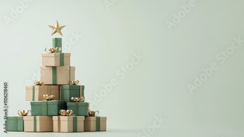 Green and gold gift boxes arranged as a Christmas tree decoration for the hol...