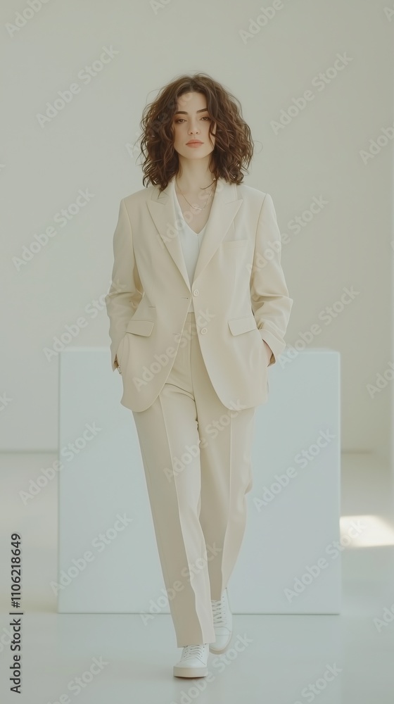 Fashionable woman in a beige suit walking confidently indoors Fashionable woman in a beige suit walking confidently indoors