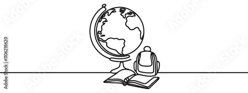 Earth globe, book and apple on desk. Continuous one line drawing. One line vector illustration. Order a banner for one line drawing