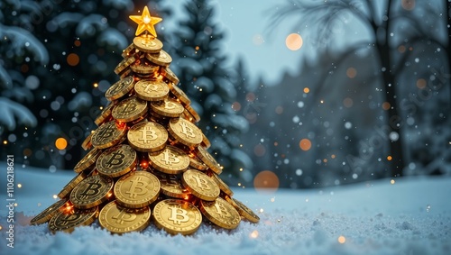 Christmas tree made entirely of Bitcoin coins, standing in a snowy outdoor setting, horizontal concept, copy space