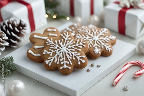 Festive gingerbread cookies with holiday gifts and winter decorations on a co...
