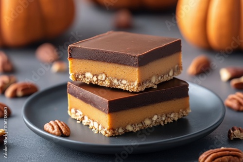Delicious pumpkin dessert squares with pecans served on a black plate in autu...