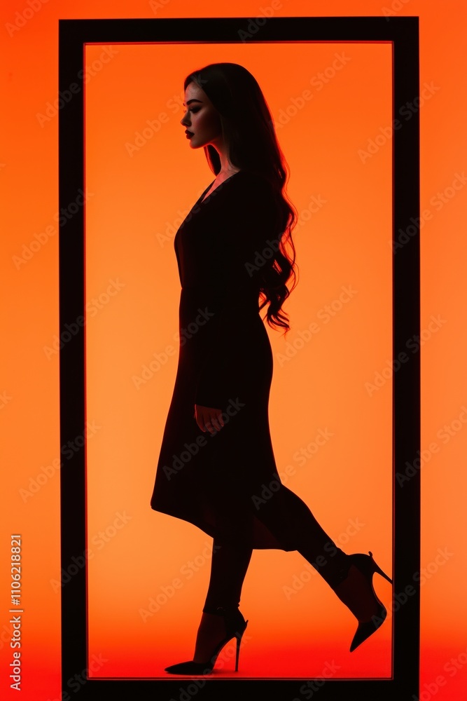 Fototapeta premium Silhouette of a woman walking against a vivid orange background