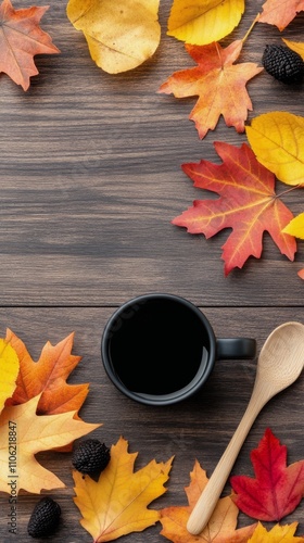 Warm drink surrounded by colorful autumn leaves on a wooden table
