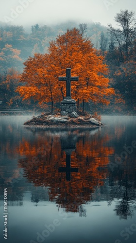 Mysterious cross surrounded by fog and autumn trees by a quiet lake at dawn