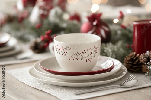 Holiday table setting with red plates and black cutlery surrounded by pine and berries