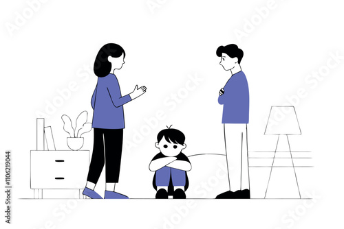 Parents arguing in front of sad child. Abusive relationship between wife and husband