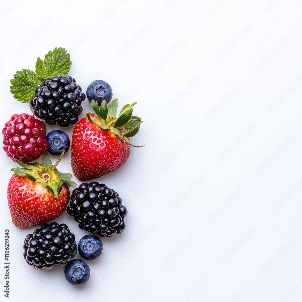 Vibrant Assortment of Fresh Berries Including Strawberries, Blueberries, Blackberries, and Raspberries with Green Mint Leaves on a Light Background Vibrant Assortment of Fresh Berries Including Strawberries, Blueberries, Blackberries, and Raspberries with Green Mint Leaves on a Light Background