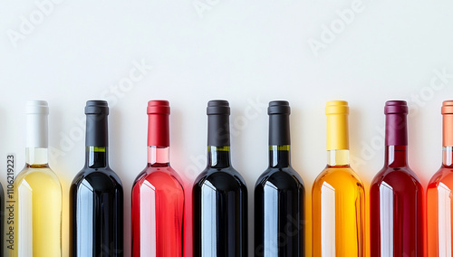Colorful wine bottles arranged in a row on a white background,