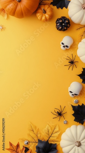 Colorful Halloween decorations with pumpkins, skulls, and spiders on yellow b...