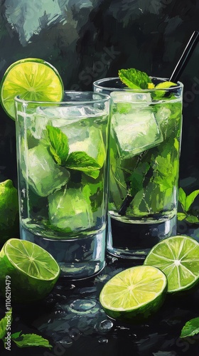 Refreshing mint and lime drinks served in elegant glasses on a dark surface