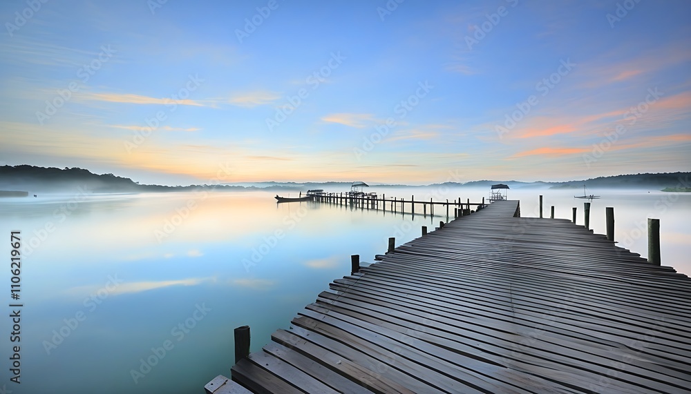 Obraz premium Tranquil morning, dreamy scene of wooden dock by the harbor.