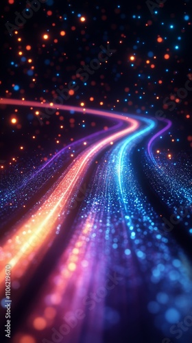 Colorful light trails create a vibrant tunnel effect in digital art design at...