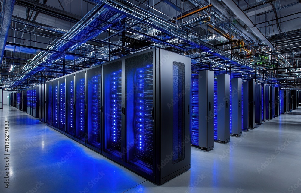 Data center room's storage systems shown in 3D rendering with network ...