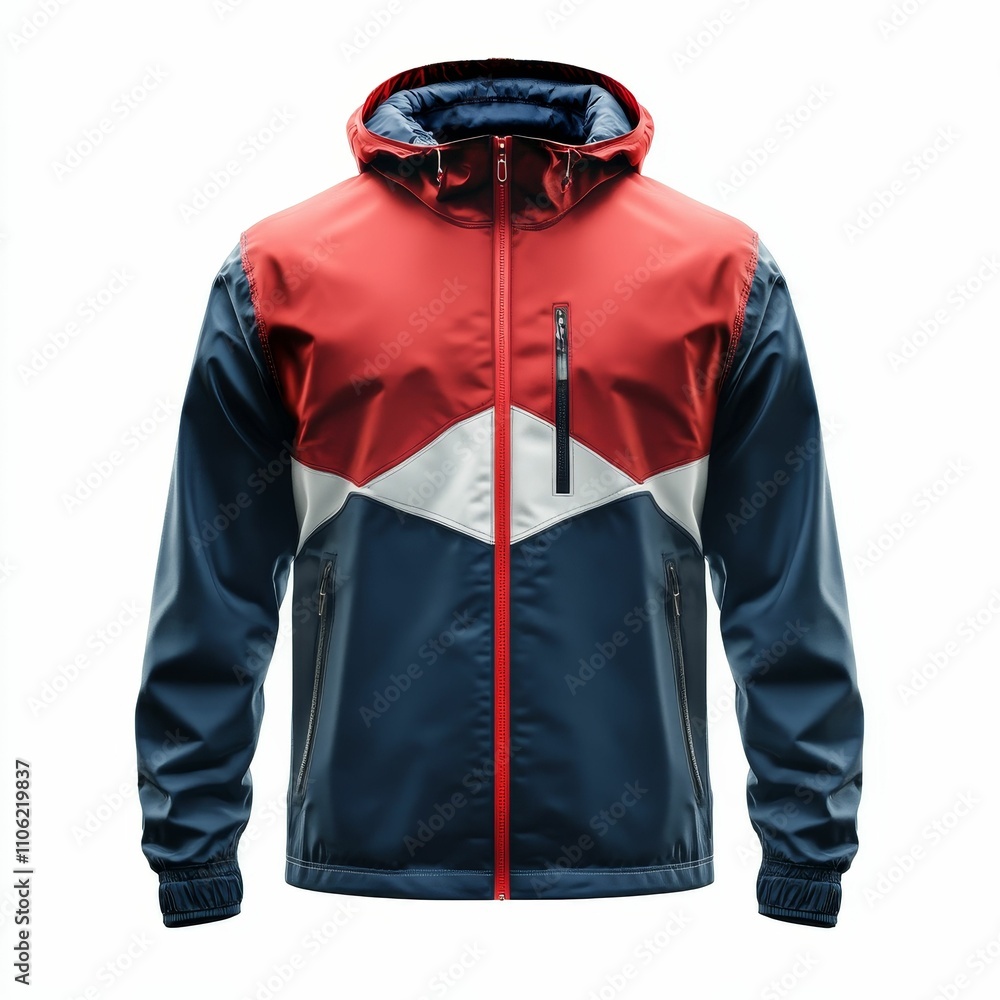 Hooded jacket, red, blue, white panels, zipper. Hooded jacket, red, blue, white panels, zipper.