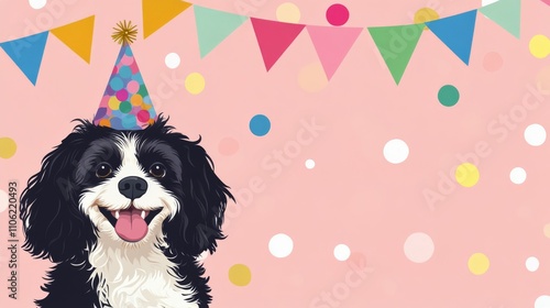 Happy dog celebrates with colorful party hat and decorations in cheerful setting