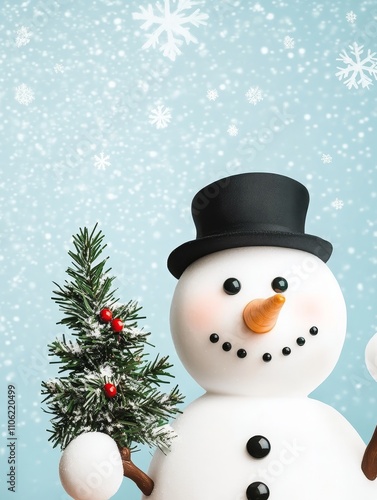 Cute Snowman Holding a Christmas Tree - Adorable cartoon snowman in top hat, holding a mini Christmas tree against a snowy background. Symbolizes winter, holidays, joy, innocence, and festive cheer. photo