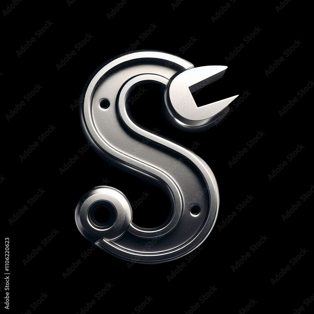 Alphabet letter S in shape of mechanical tool, metallic handyman font isolated on black background, 3D metal abc for technology, engineering, diy Alphabet letter S in shape of mechanical tool, metallic handyman font isolated on black background, 3D metal abc for technology, engineering, diy