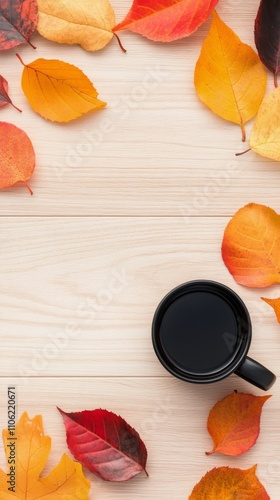 Warm drink surrounded by colorful autumn leaves on a wooden table