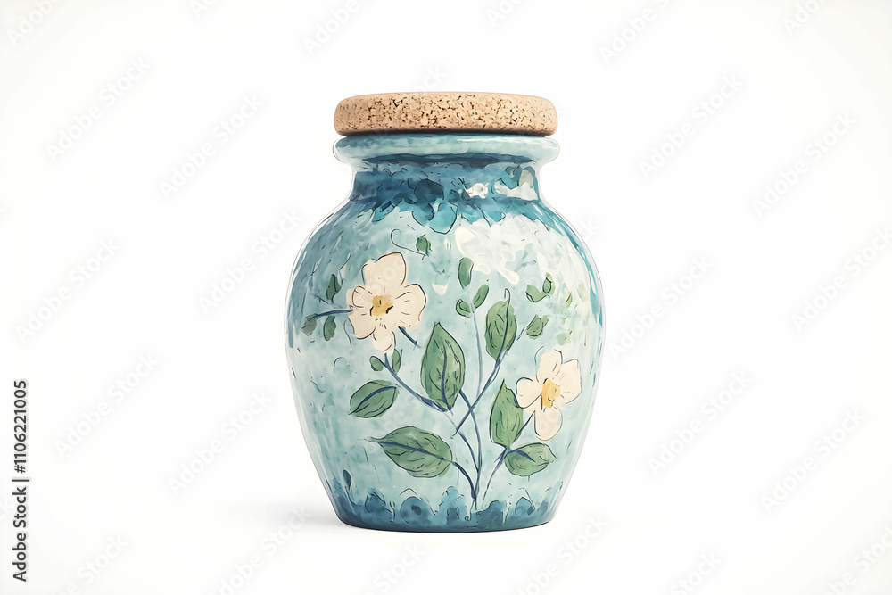 Beautiful ceramic jar with floral design and cork lid, perfect for home decor and storage solutions, showcasing artistic craftsmanship Beautiful ceramic jar with floral design and cork lid, perfect for home decor and storage solutions, showcasing artistic craftsmanship