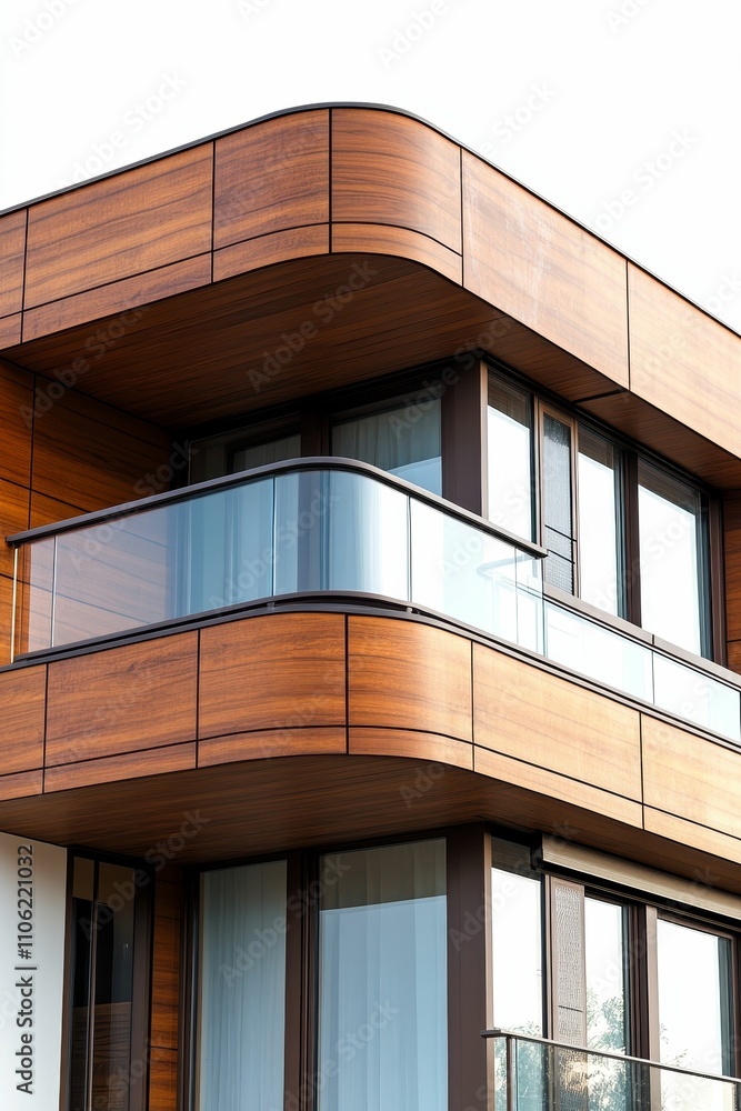 Modern building, wood paneling, glass balcony. Modern building, wood paneling, glass balcony.