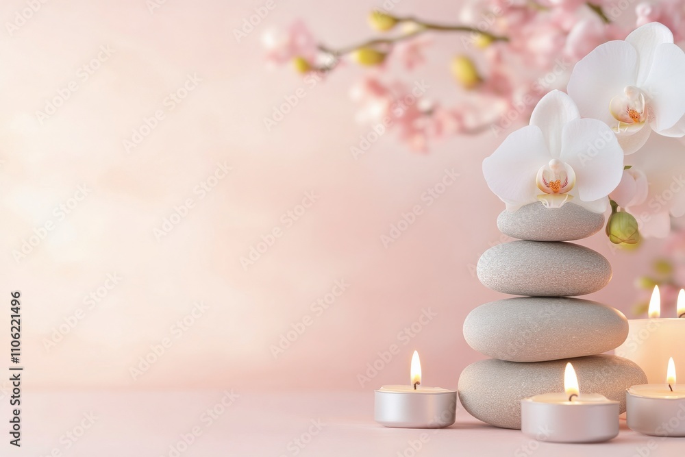 Stacked stones with candles and orchids create a serene atmosphere for relaxation Stacked stones with candles and orchids create a serene atmosphere for relaxation
