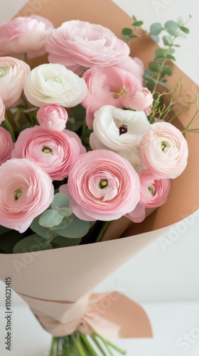 Beautiful bouquet of pink and white ranunculus flowers in elegant wrapping