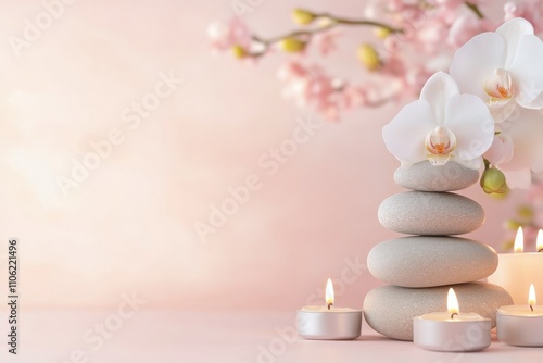 Stacked stones with candles and orchids create a serene atmosphere for relaxa...