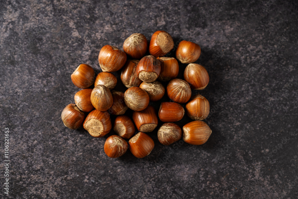Hazelnuts, top view, copy space Hazelnuts, top view, copy space
