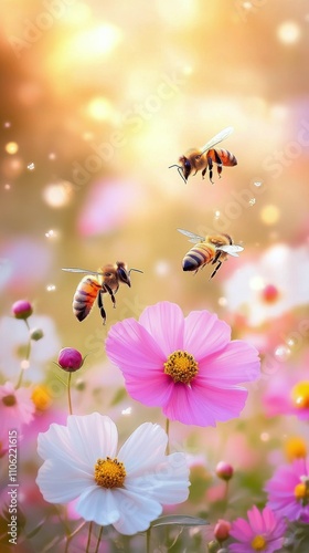 Bees pollinating colorful flowers in a vibrant natural setting during golden ...