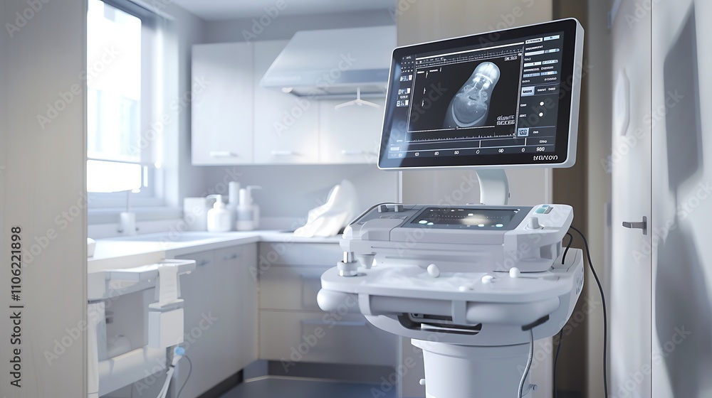 An Advanced Ultrasound Machine in a Clean, Modern Room, Featuring State-of-the-Art Technology and Sleek Design, Ready to Provide Detailed Medical Imaging for Accurate Diagnosis and Patient Care An Advanced Ultrasound Machine in a Clean, Modern Room, Featuring State-of-the-Art Technology and Sleek Design, Ready to Provide Detailed Medical Imaging for Accurate Diagnosis and Patient Care