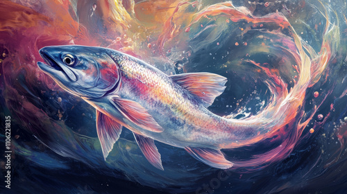 Surreal Salmon: Cosmic Fish, Vibrant Colors, Dreamlike Art photo