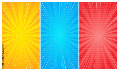 Comic rays wallpaper set. Vintage retro burst vertical background. Zoom effect lines template.