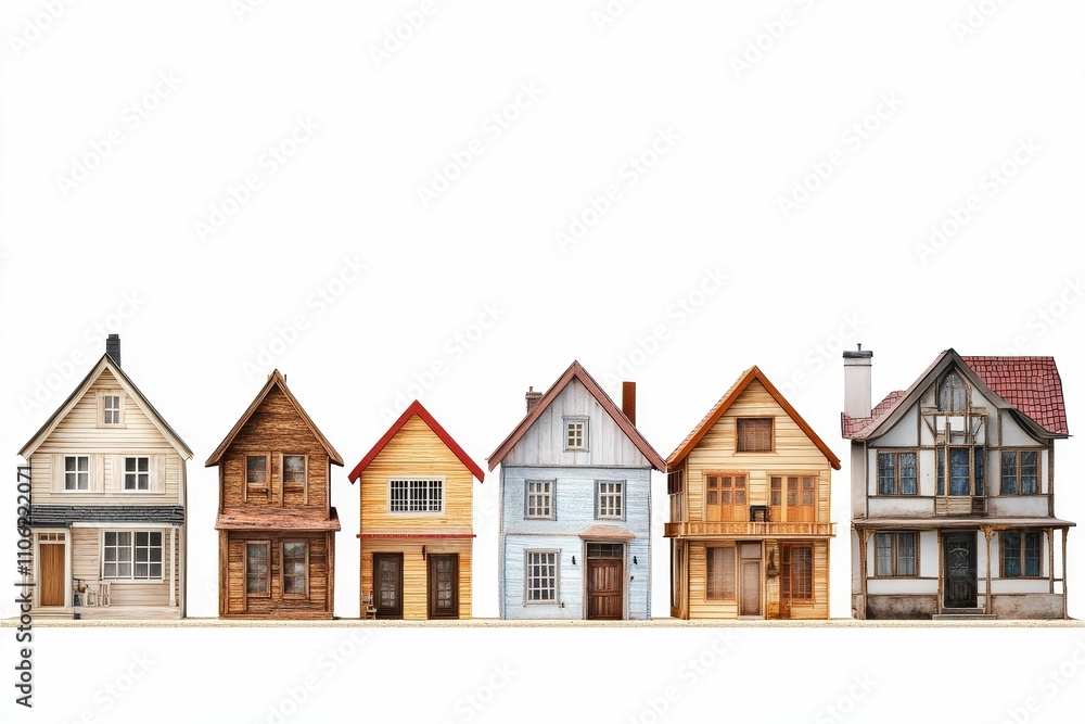 Six small houses, various styles, row. Six small houses, various styles, row.