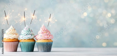 Colorful cupcakes with sparklers celebrating a festive occasion