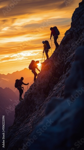 Climbers reaching the peak during sunset in a stunning mountain landscape
