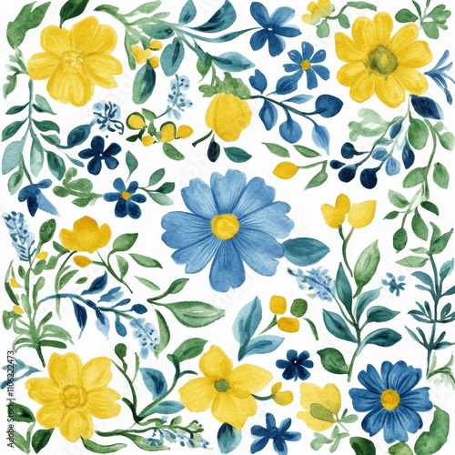 Vibrant floral pattern featuring blue and yellow flowers with green leaves in...