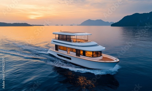 Luxury speedboat gliding across calm waters during sunset by a scenic coastline