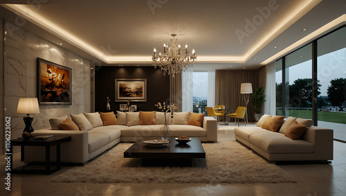  A contemporary living room featuring elegant white furniture and a stylish chandelier overhead, creating a bright atmosphere